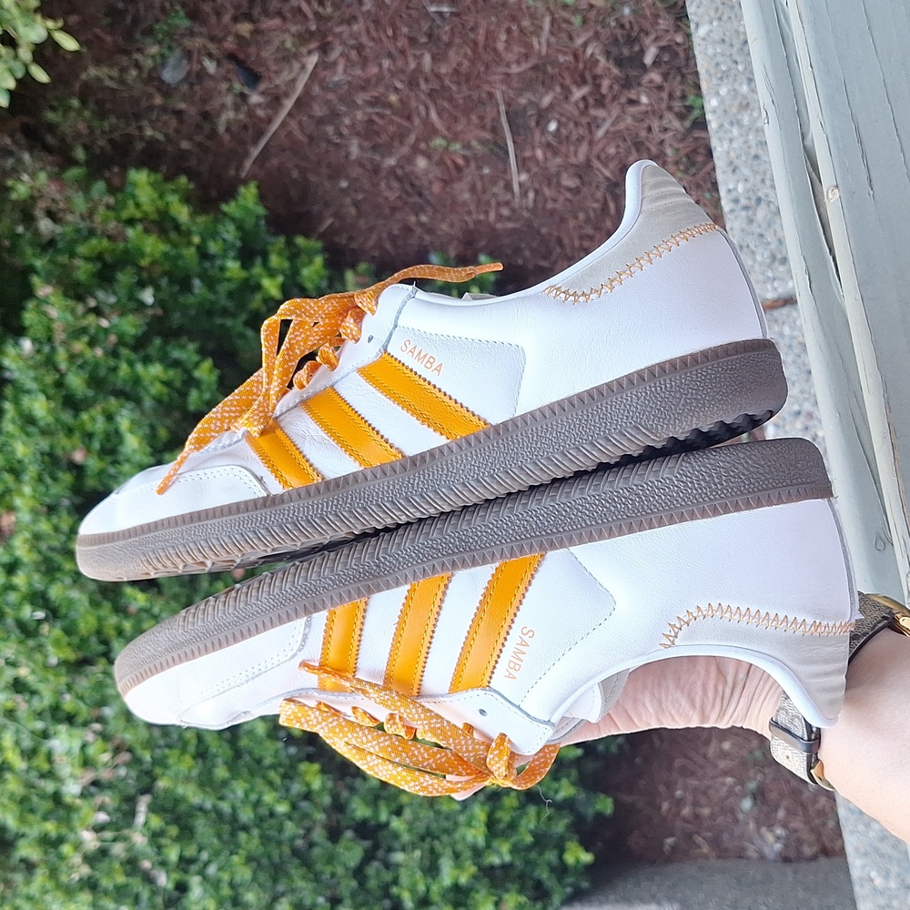 adidas Samba Sneakers White with Orange Stripes and Brown Sole - Picture 10 of 11